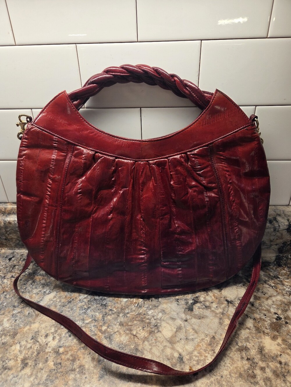 Vintage 80s Genuine Eel Skin Hobo Bag Cherry Red Braided Handle Shoulder Purse